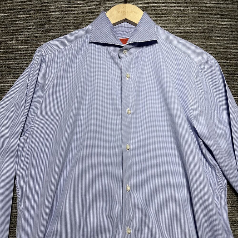 Isaia Shirt Men's 16.5 Blue Plaid Long Sleeve Button Up Made Italy